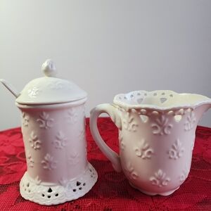 Skye McGhie Cream Ceramic Sugar Bowl with Spoon and Creamer Set